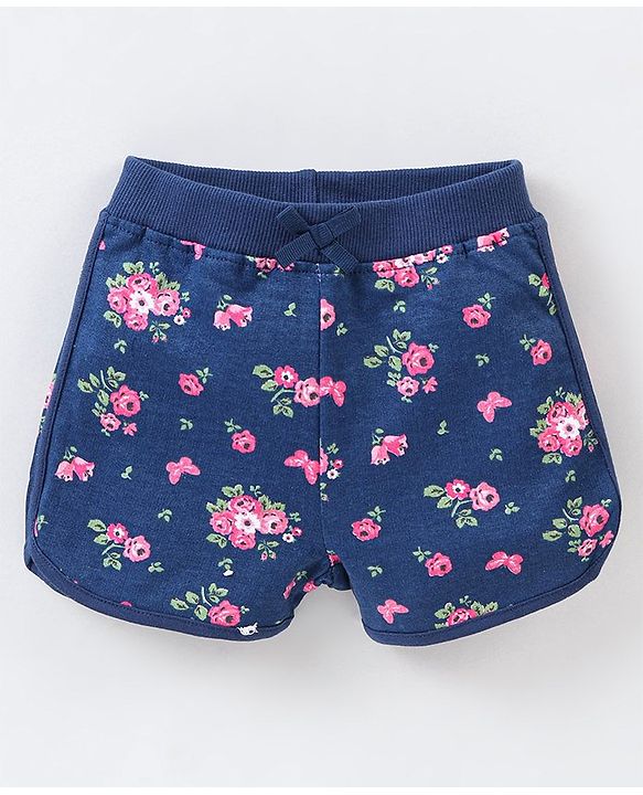 Babyhug Cotton Knit Mid Thigh Length Shorts Floral Print - Blue