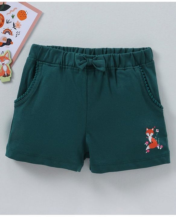 Babyhug Cotton Knit Mid Thigh Length Shorts Fox Print - Green