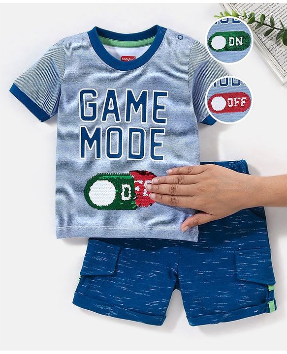 Babyhug 100% Cotton Knit Half Sleeves Striped T-Shirt and Short Set Game Mode Print - Grey Melange & Blue