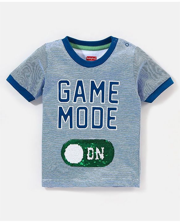 Babyhug 100% Cotton Knit Half Sleeves Striped T-Shirt and Short Set Game Mode Print - Grey Melange & Blue