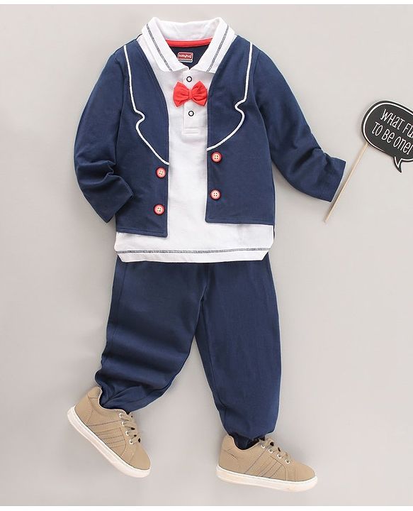 Babyhug Full Sleeves Solid T-Shirt & Jogger Pants Set Bow Applique - Navy Blue