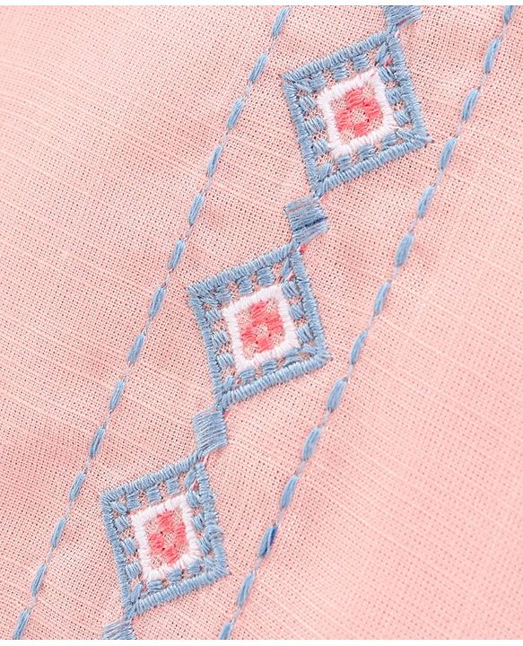 Babyhug Full Sleeves Slub Rayon Woven Top with Argyle Embroidery- Peach