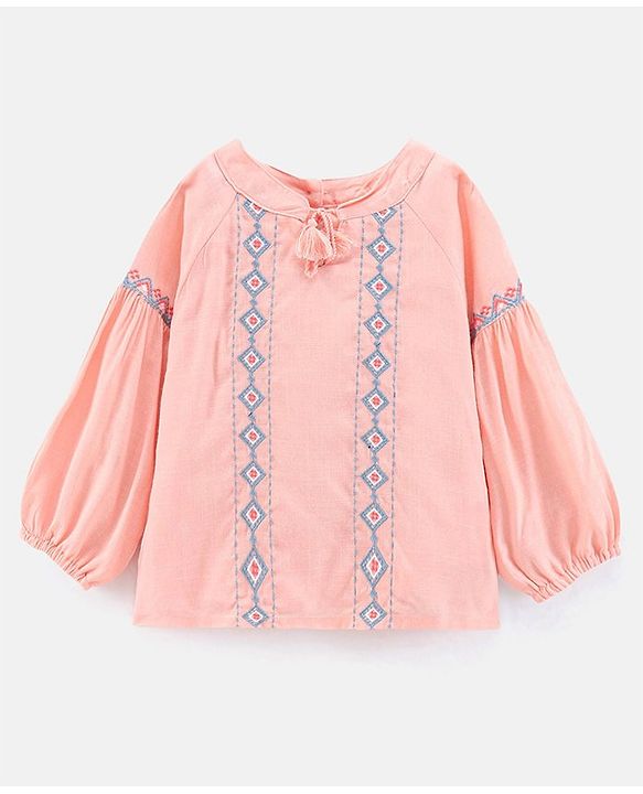 Babyhug Full Sleeves Slub Rayon Woven Top with Argyle Embroidery- Peach