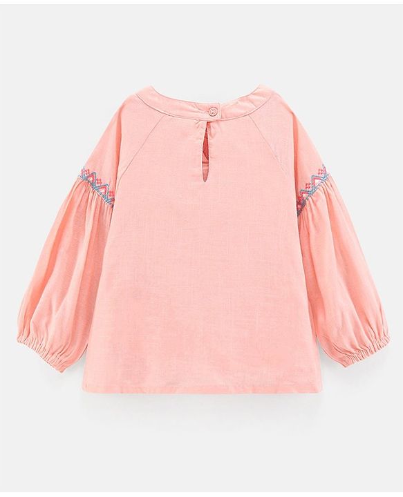 Babyhug Full Sleeves Slub Rayon Woven Top with Argyle Embroidery- Peach