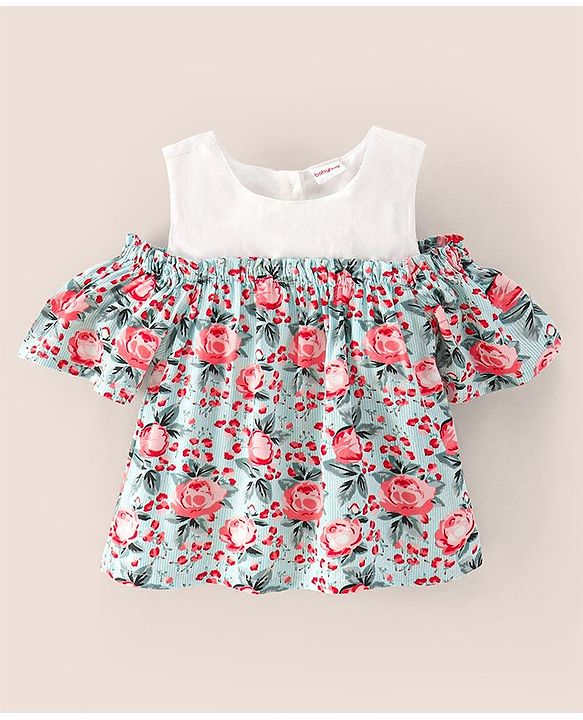 Babyhug Half Sleeves Cold Shoulder Rayon Top With Floral Print - White Mint Aop