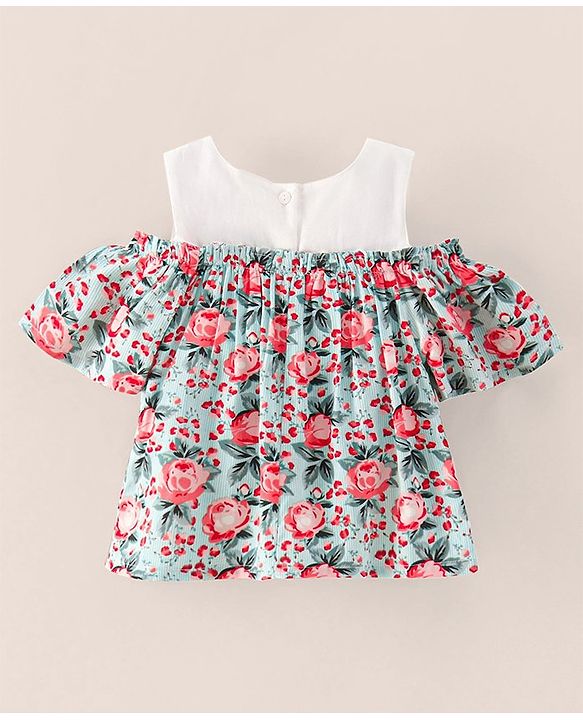 Babyhug Half Sleeves Cold Shoulder Rayon Top With Floral Print - White Mint Aop