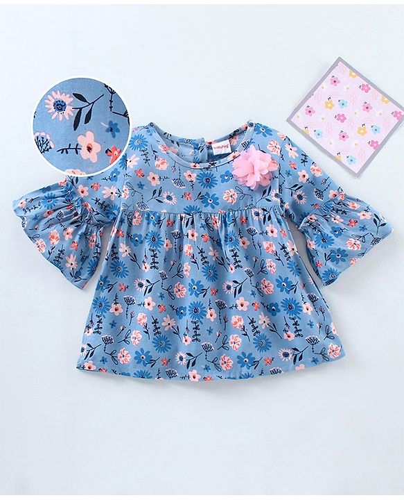 Babyhug Bell Sleeves Rayon Top With Floral Print And Corsage Detailing- Blue