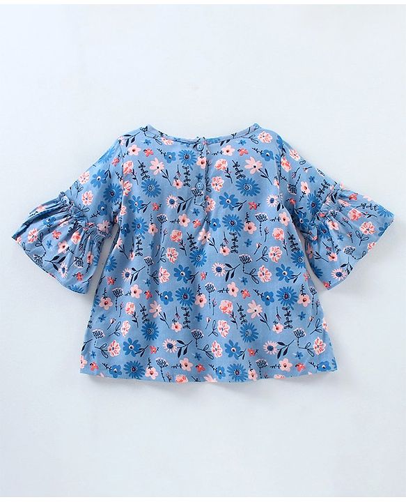 Babyhug Bell Sleeves Rayon Top With Floral Print And Corsage Detailing- Blue