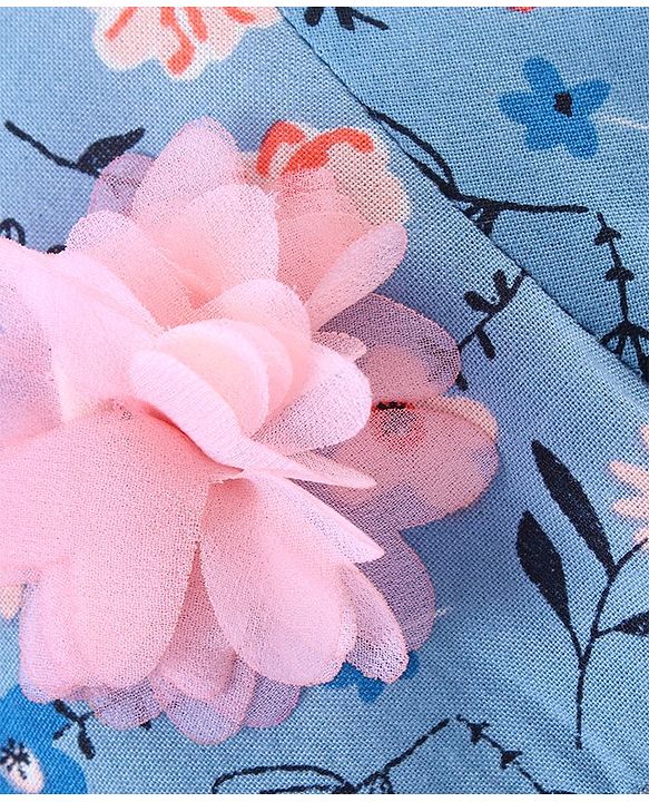 Babyhug Bell Sleeves Rayon Top With Floral Print And Corsage Detailing- Blue