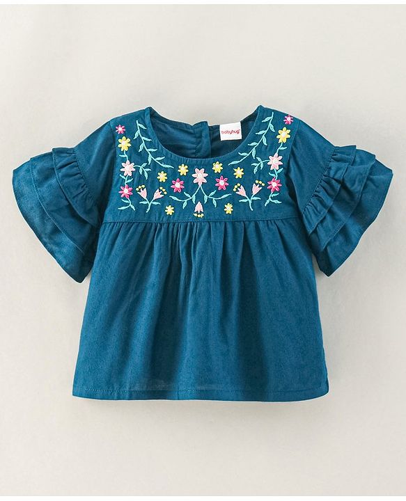 Babyhug Rayon Flutter Sleeves Woven Top with Floral Embroidery & Frill Detailing- Teal Blue