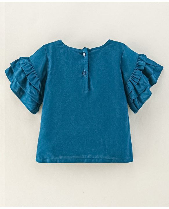 Babyhug Rayon Flutter Sleeves Woven Top with Floral Embroidery & Frill Detailing- Teal Blue