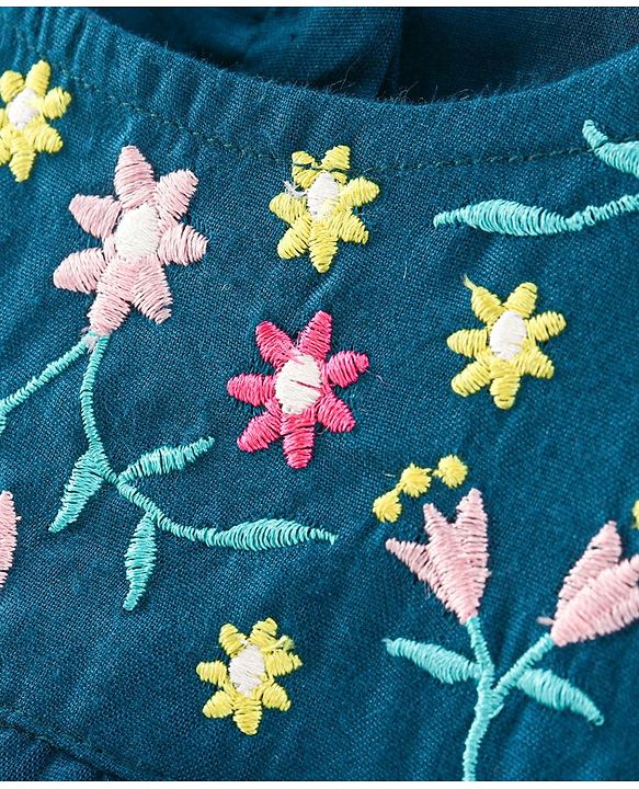 Babyhug Rayon Flutter Sleeves Woven Top with Floral Embroidery & Frill Detailing- Teal Blue