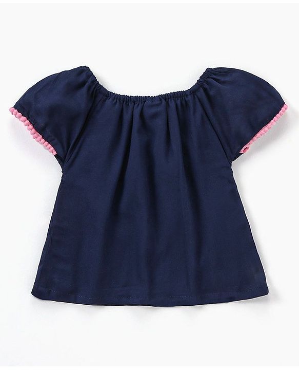 Babyhug Rayon Half Sleeves Top With Floral Embroidery & Pom Pom Lace Detailing - Navy Blue