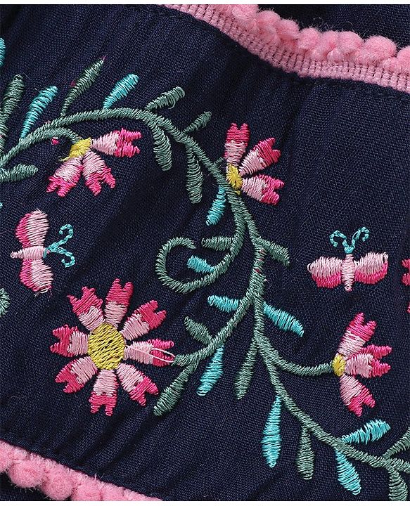 Babyhug Rayon Half Sleeves Top With Floral Embroidery & Pom Pom Lace Detailing - Navy Blue