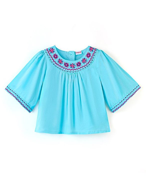 Babyhug Three Fourth Sleeves 100% Cotton Top with Abstract Embroidery - Sky Blue