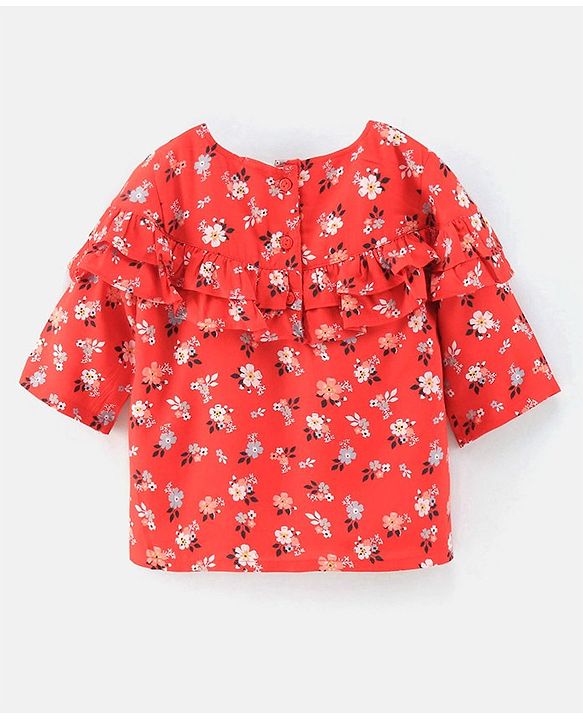 Babyhug Three Fourth Sleeves Rayon Top With Floral Print & Frill Detailing - Red