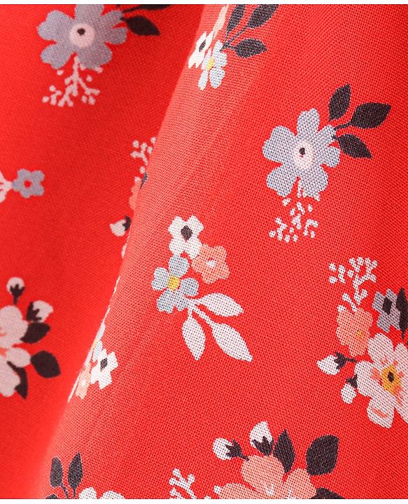 Babyhug Three Fourth Sleeves Rayon Top With Floral Print & Frill Detailing - Red