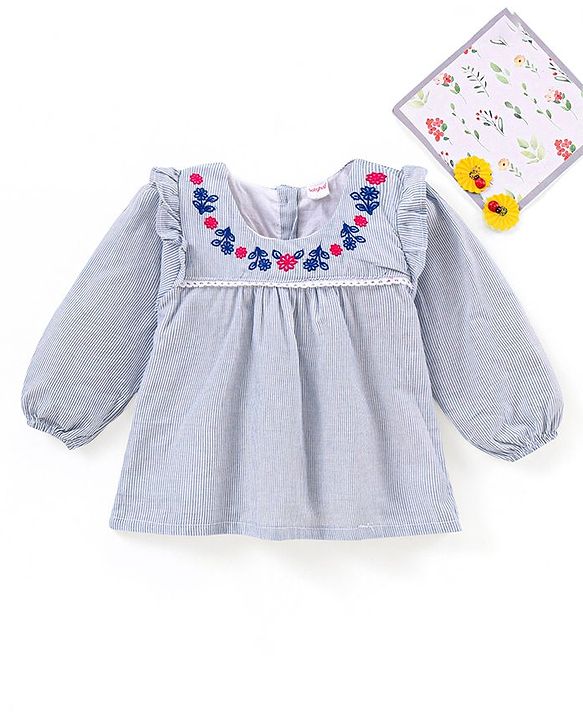 Babyhug Full Sleeves Yarn Dyed Striped Cotton Cambric Top With Floral Embroidery Lace & Frill Detailing - Blue Stripes