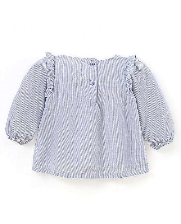 Babyhug Full Sleeves Yarn Dyed Striped Cotton Cambric Top With Floral Embroidery Lace & Frill Detailing - Blue Stripes