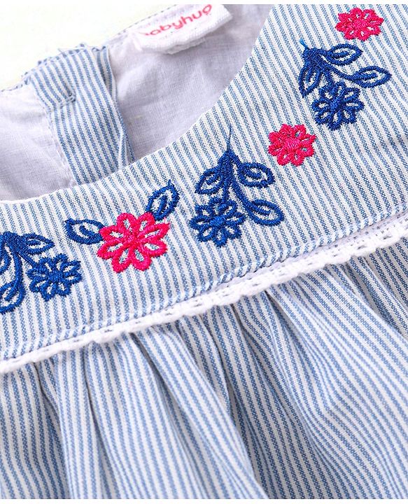 Babyhug Full Sleeves Yarn Dyed Striped Cotton Cambric Top With Floral Embroidery Lace & Frill Detailing - Blue Stripes
