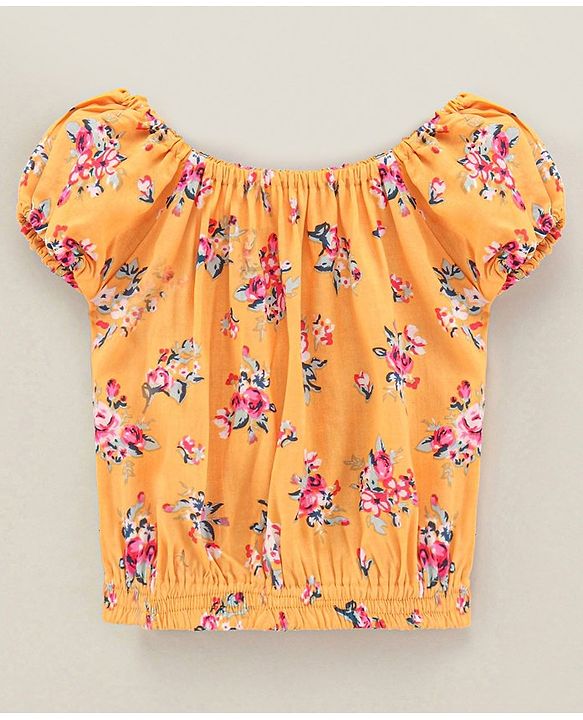 Babyhug Cap Sleeves Off Shoulder Rayon Top With Floral Print & Smocking - Mustard