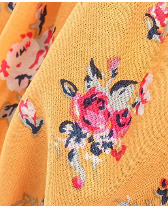 Babyhug Cap Sleeves Off Shoulder Rayon Top With Floral Print & Smocking - Mustard