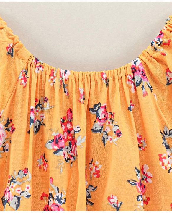 Babyhug Cap Sleeves Off Shoulder Rayon Top With Floral Print & Smocking - Mustard