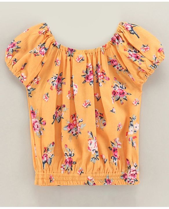 Babyhug Cap Sleeves Off Shoulder Rayon Top With Floral Print & Smocking - Mustard