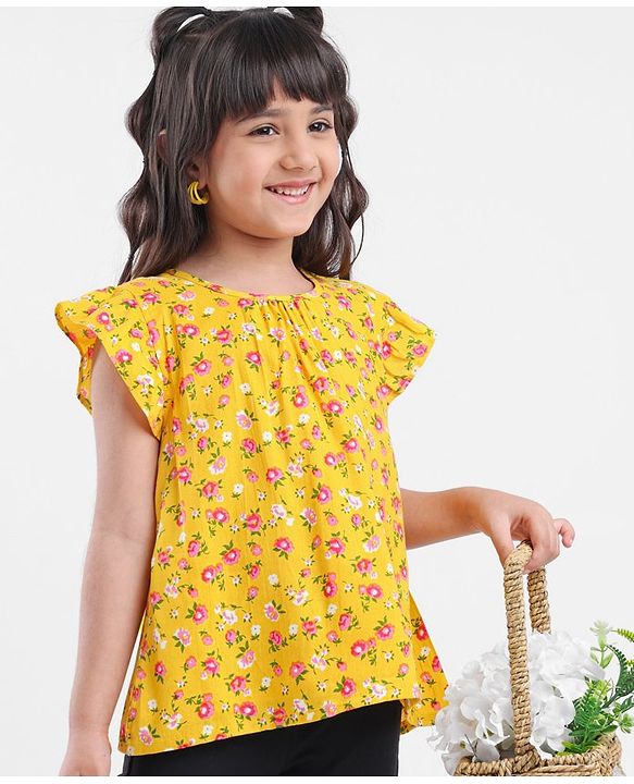 Babyhug Half Sleeves Rayon Woven Floral Print Top with Frill Detailing - Mustard Yellow