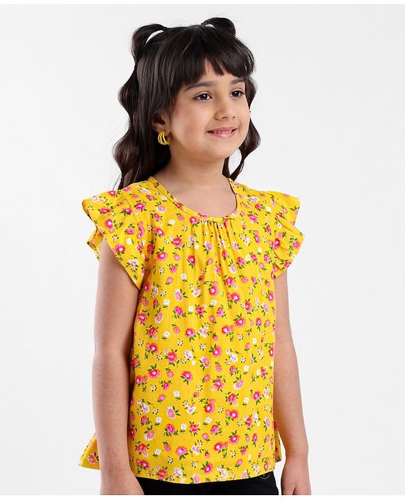 Babyhug Half Sleeves Rayon Woven Floral Print Top with Frill Detailing - Mustard Yellow