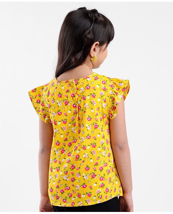 Babyhug Half Sleeves Rayon Woven Floral Print Top with Frill Detailing - Mustard Yellow