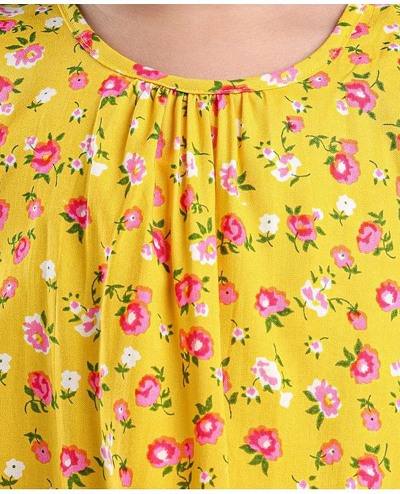 Babyhug Half Sleeves Rayon Woven Floral Print Top with Frill Detailing - Mustard Yellow