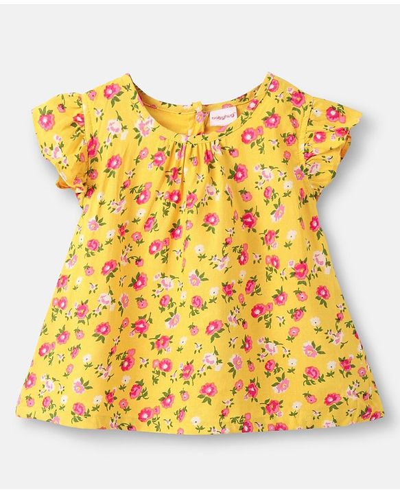 Babyhug Half Sleeves Rayon Woven Floral Print Top with Frill Detailing - Mustard Yellow