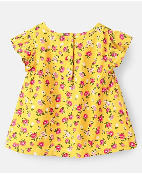 Babyhug Half Sleeves Rayon Woven Floral Print Top with Frill Detailing - Mustard Yellow