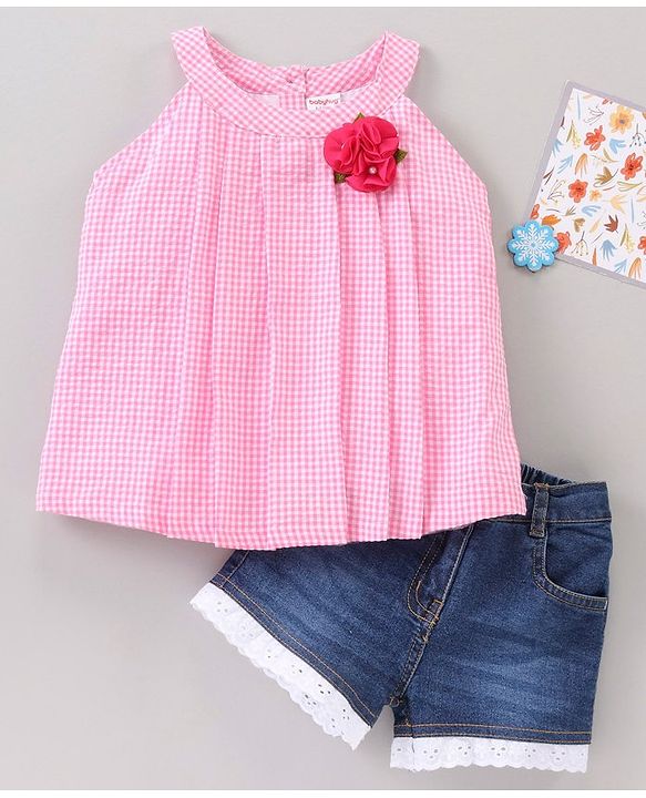 Babyhug Sleeveless Cotton Woven to Denim Top and Bottom Wear Set Checkered Flower Applique - Pink Blue