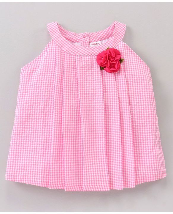Babyhug Sleeveless Cotton Woven to Denim Top and Bottom Wear Set Checkered Flower Applique - Pink Blue