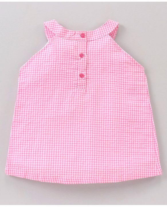 Babyhug Sleeveless Cotton Woven to Denim Top and Bottom Wear Set Checkered Flower Applique - Pink Blue