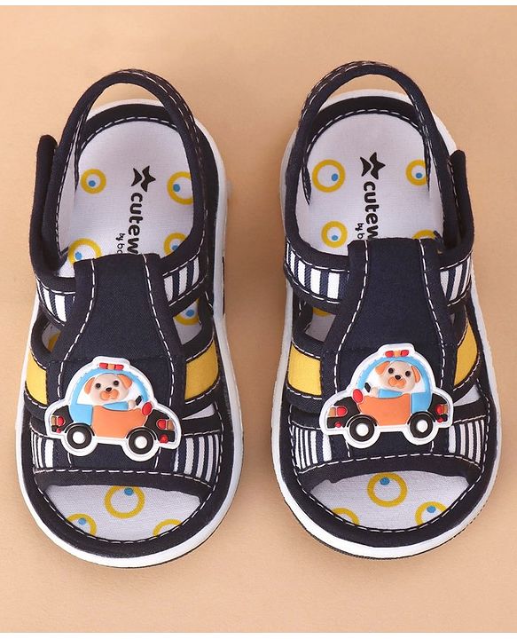 Cute Walk by Babyhug Velcro Closure Sandals Car Applique Blue Yellow (Stripes Colour MayVary)