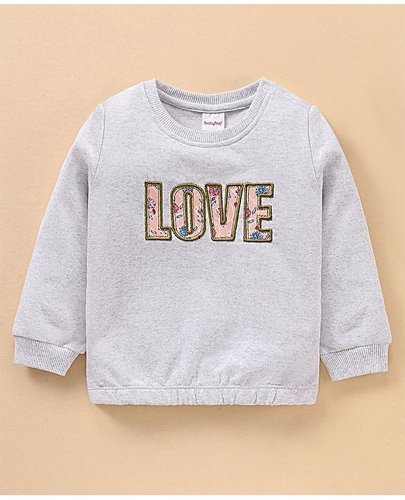 Babyhug Full Sleeves Cotton Sweatshirt With Graphics Love Embroidery- Grey