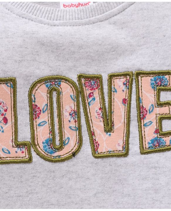 Babyhug Full Sleeves Cotton Sweatshirt With Graphics Love Embroidery- Grey