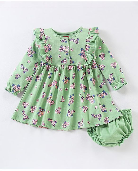 Babyhug 100% Cotton Full Sleeves Frock With Bloomer  Floral Print- Mint