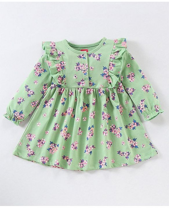 Babyhug 100% Cotton Full Sleeves Frock With Bloomer  Floral Print- Mint