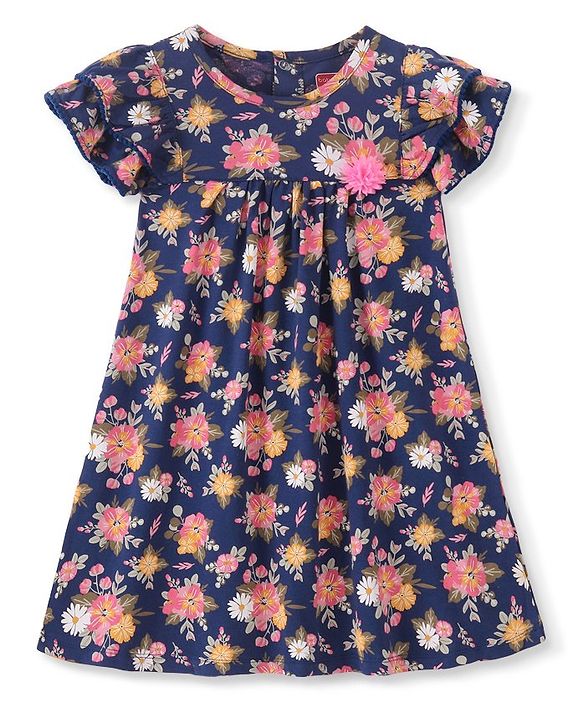Babyhug 100% Cotton Half Sleeves Frock Floral Print- Navy Blue