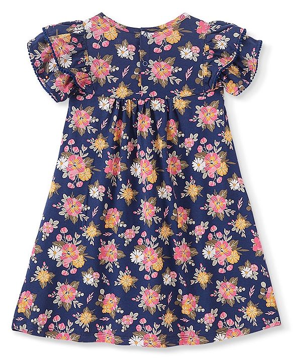 Babyhug 100% Cotton Half Sleeves Frock Floral Print- Navy Blue