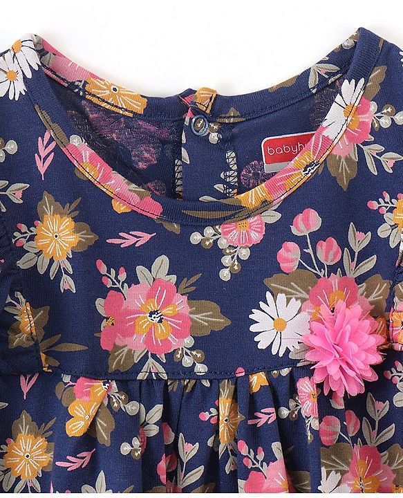 Babyhug 100% Cotton Half Sleeves Frock Floral Print- Navy Blue