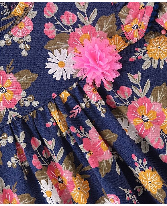 Babyhug 100% Cotton Half Sleeves Frock Floral Print- Navy Blue