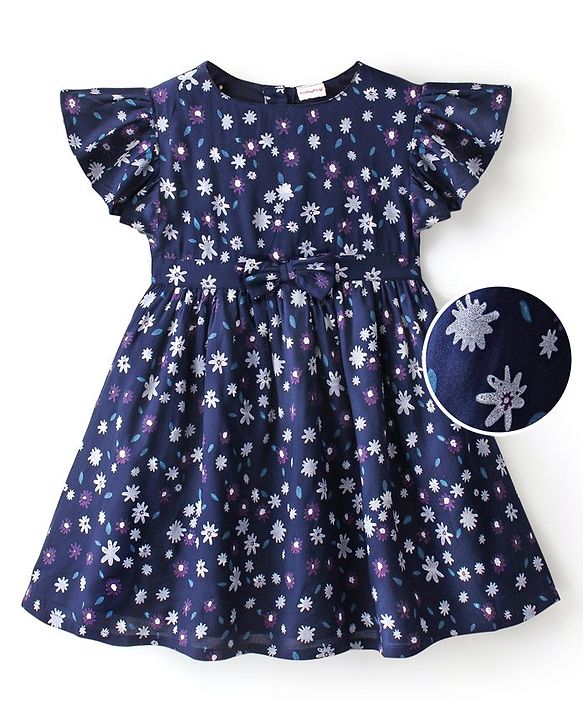 Babyhug 100% Rayon Short Cap Sleeves Floral Print Yarndyed Frock with Bow Applique - Navy Blue