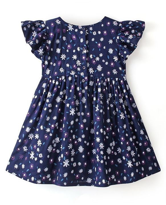 Babyhug 100% Rayon Short Cap Sleeves Floral Print Yarndyed Frock with Bow Applique - Navy Blue