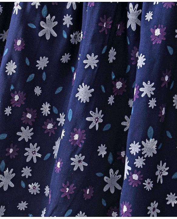 Babyhug 100% Rayon Short Cap Sleeves Floral Print Yarndyed Frock with Bow Applique - Navy Blue