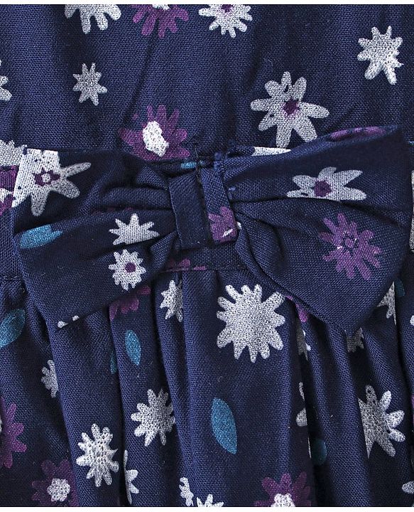 Babyhug 100% Rayon Short Cap Sleeves Floral Print Yarndyed Frock with Bow Applique - Navy Blue